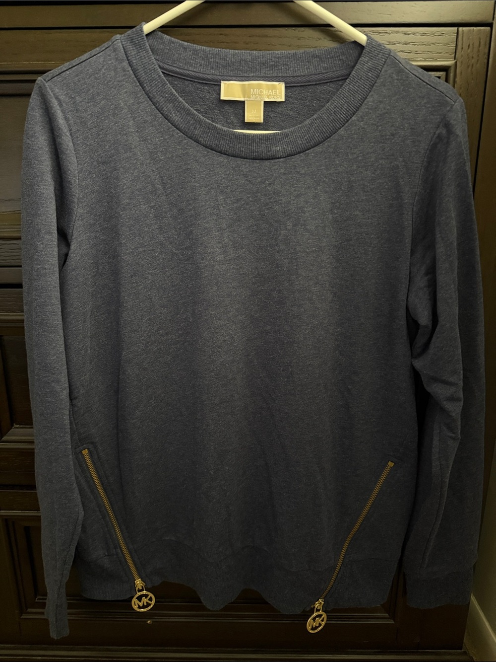 Michael Kors Women’s Dark Navy Crewneck Sweatshirt with Gold Zip Pulls